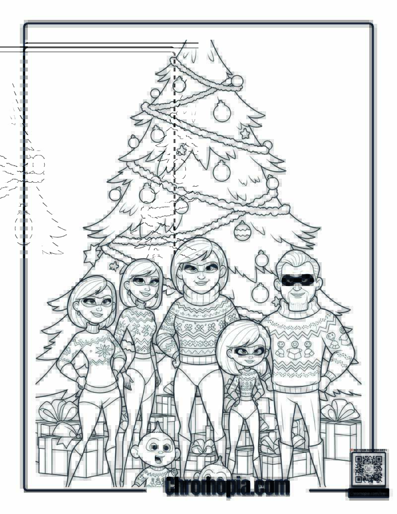 Incredibles Family Holiday Sweater Scene Coloring Page