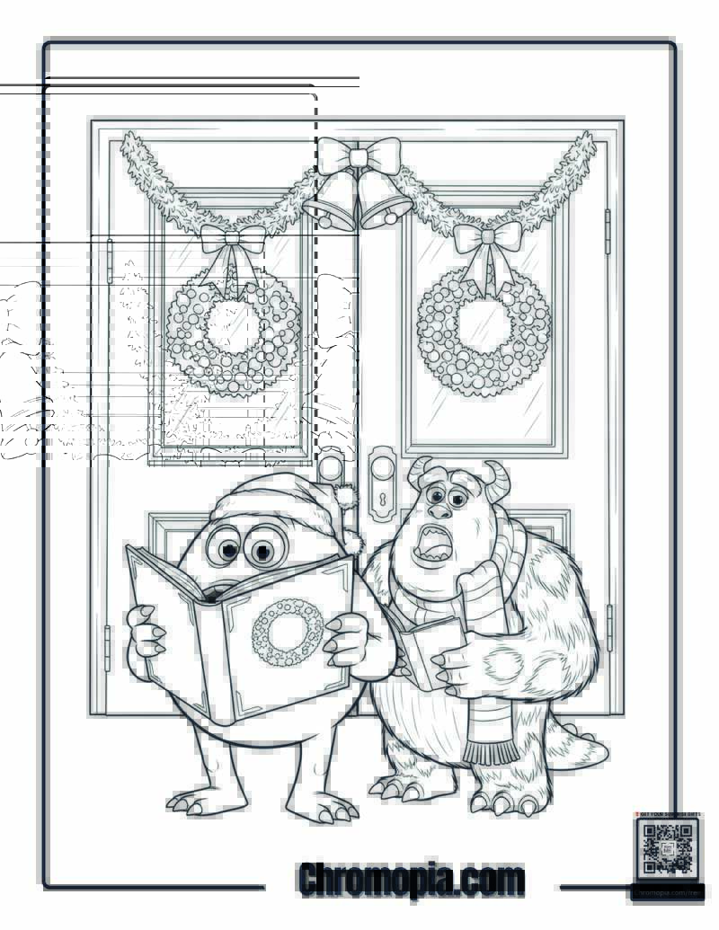 Mike And Sulley Holiday Caroling Coloring Page