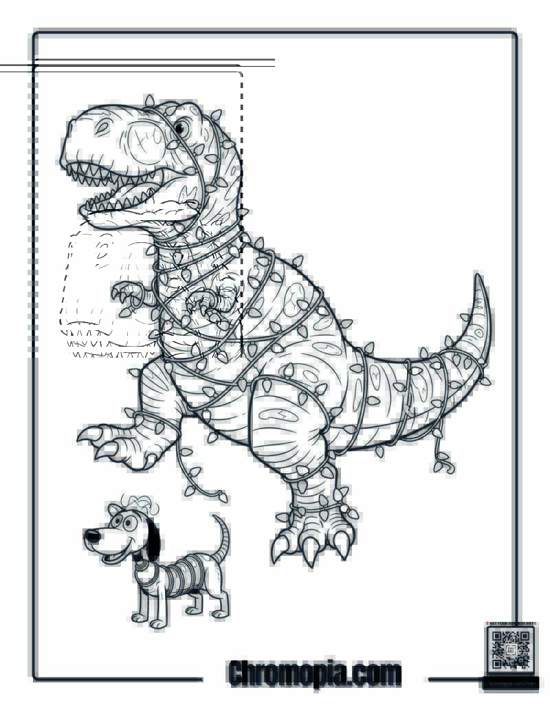 Rex Tangled In Lights Coloring Page