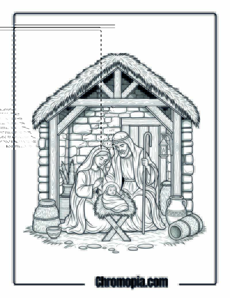Holy Family in Stone Stable coloring page