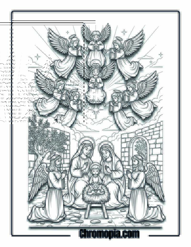 Nativity Scene with Choir of Angels coloring page
