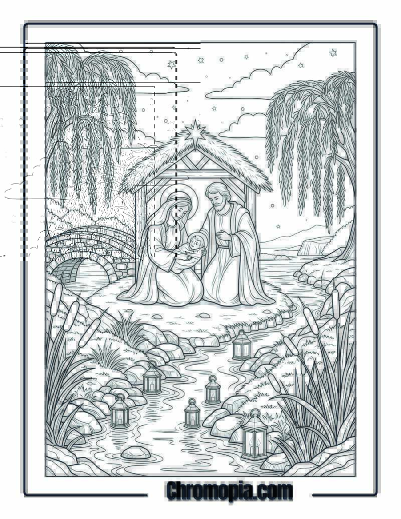 Nativity with Flowing River Scene coloring page