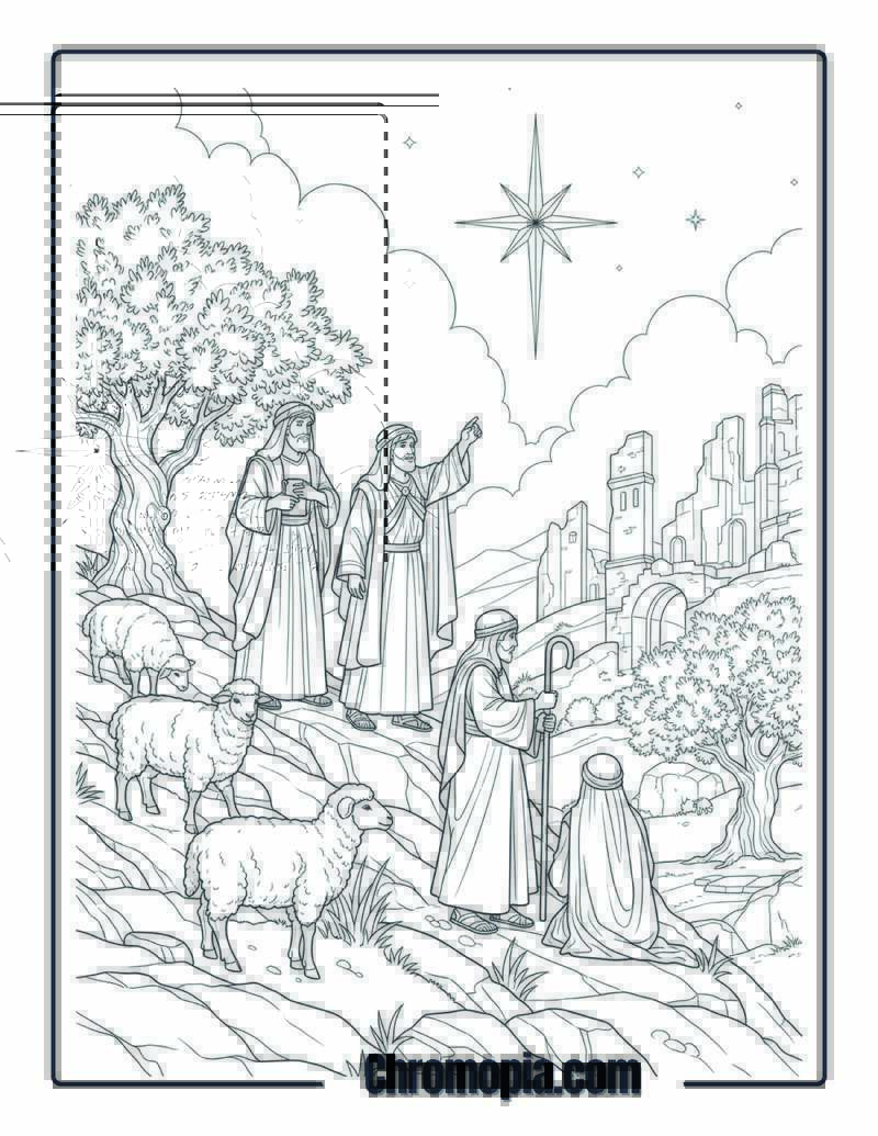 Shepherds on Hill with Star coloring page