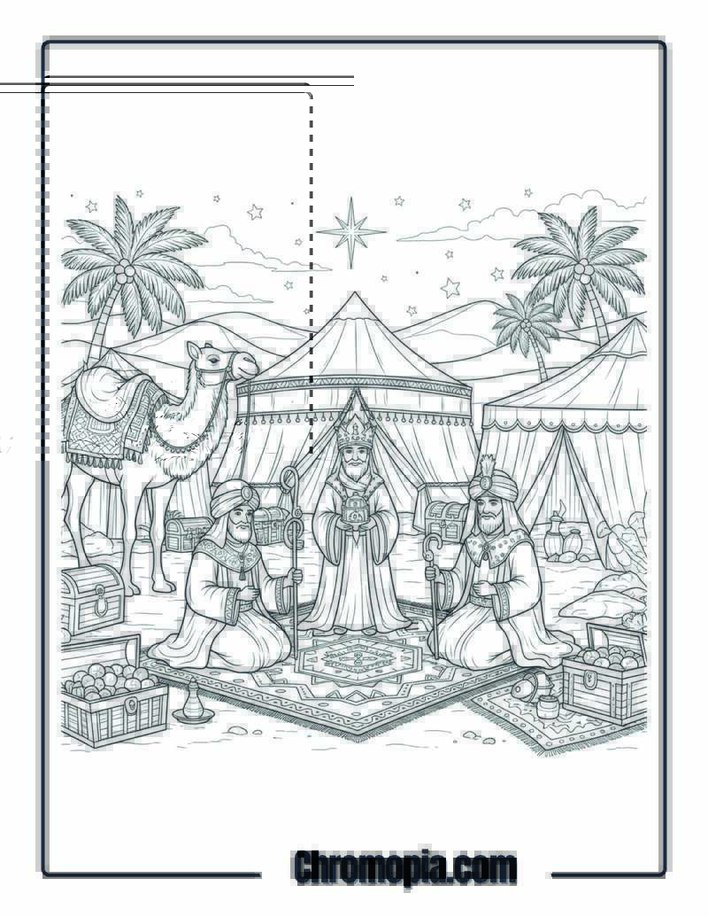 Three Wise Men in Desert Camp coloring page