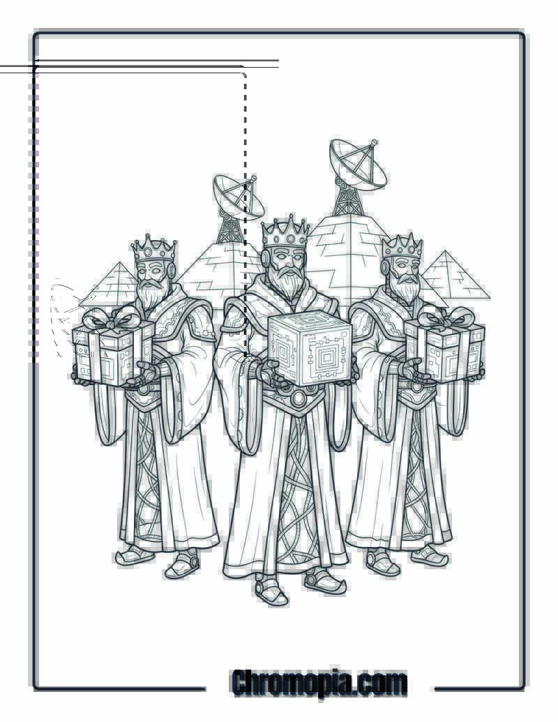 Robotic Wise Men with Digital Gifts coloring page