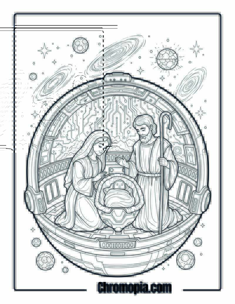 Sci-Fi Futuristic Nativity Scene coloring page