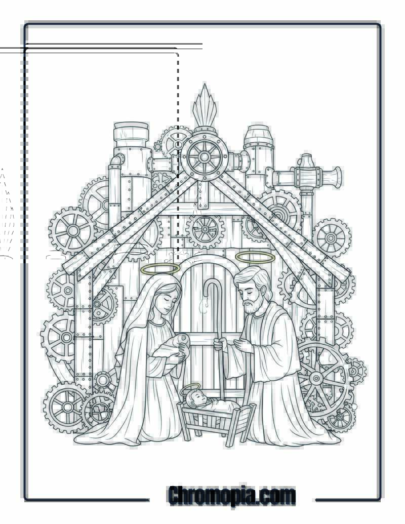 Steampunk Nativity Invention Scene coloring page