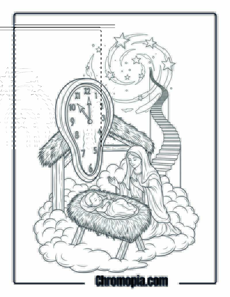 Surreal Nativity Dreamscape coloring page