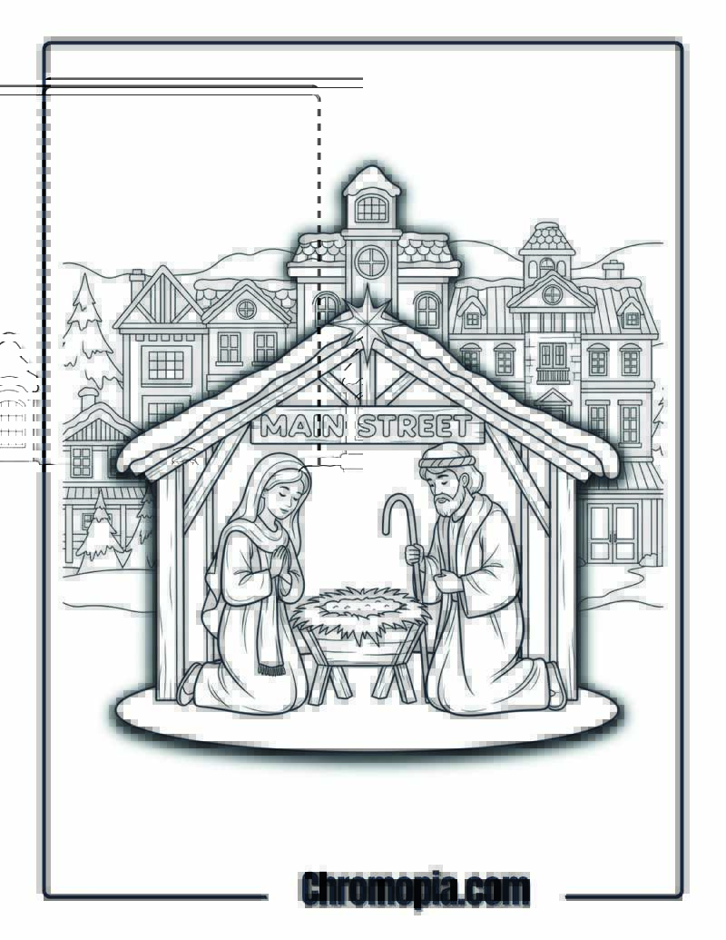 Vintage Retro Nativity Town Scene coloring page