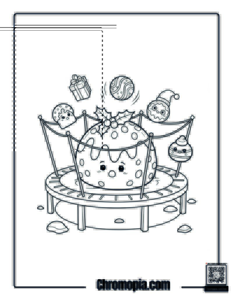 Christmas Pudding Bouncing Like Trampoline Coloring Sheet