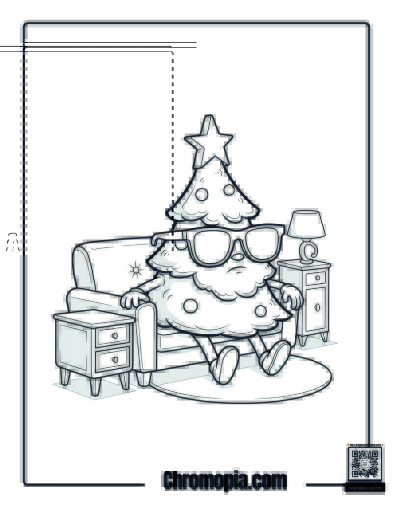 Christmas Tree Wearing Sunglasses Indoors Coloring Sheet