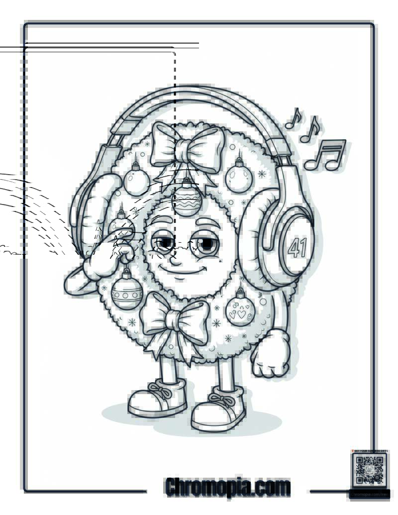 Christmas Wreath Wearing Headphones Coloring Page