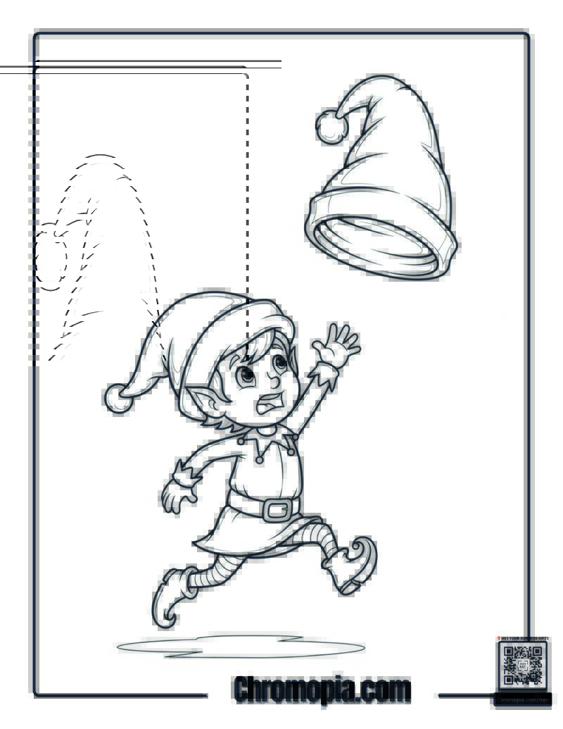 Elf Hat Flying Away Like Balloon Coloring Sheet