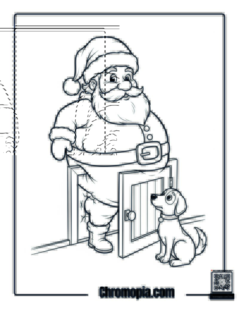 Santa Stuck In Doggy Door Coloring Sheet