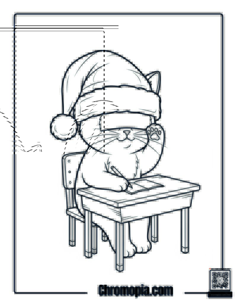 Cat Student Wearing Santa Hat Coloring Sheet