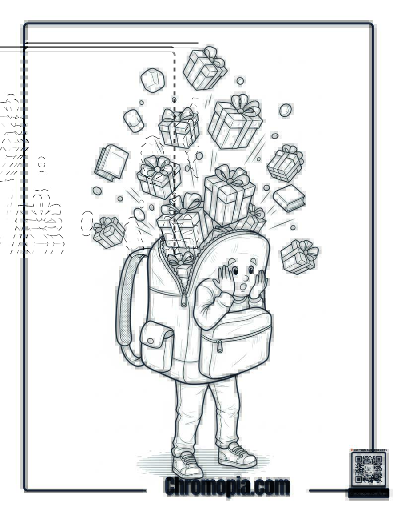 Christmas Backpack Exploding With Presents Coloring Page