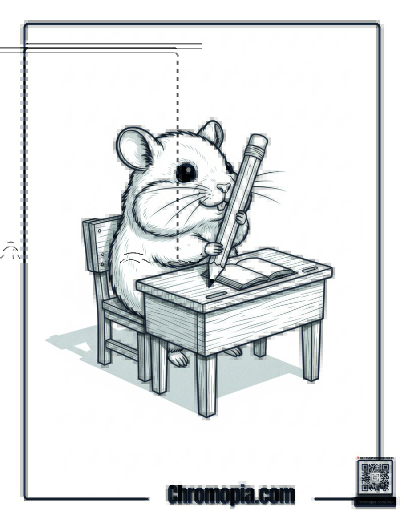 Hamster Student In Oversized Desk Coloring Page