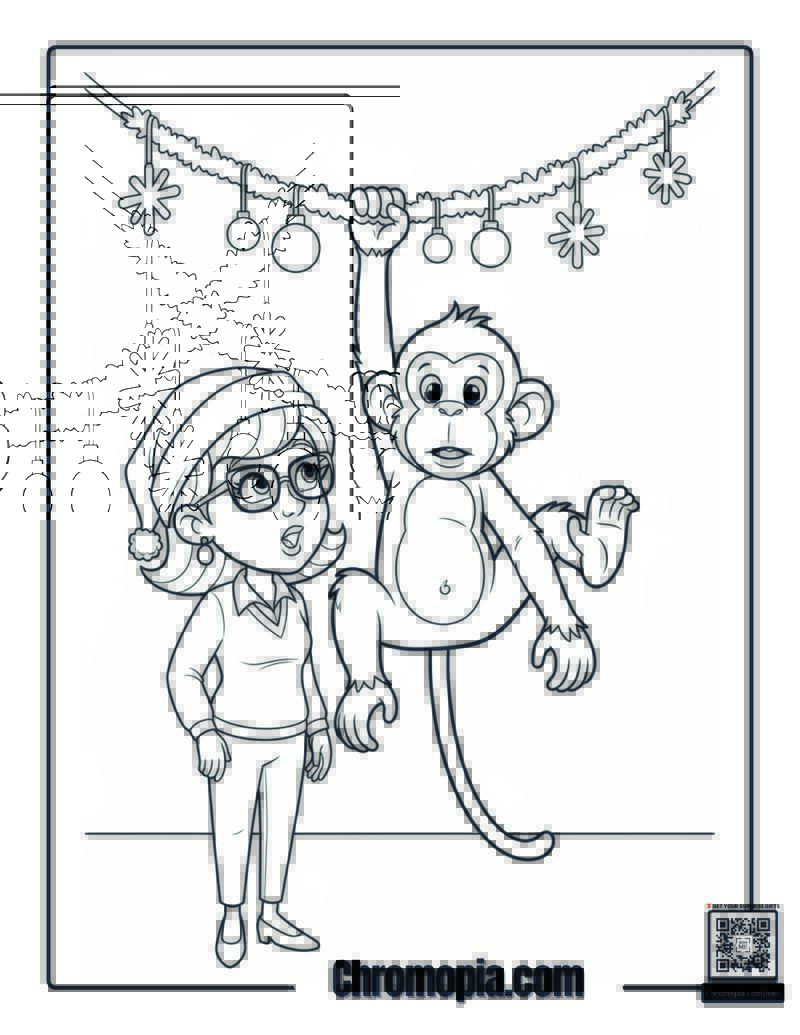 Monkey Student Swinging From Christmas Garland Coloring Page