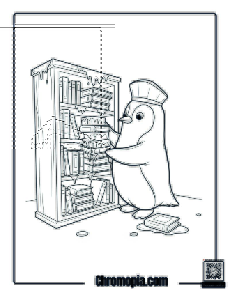 Penguin Librarian Organizing Ice Books Coloring Page