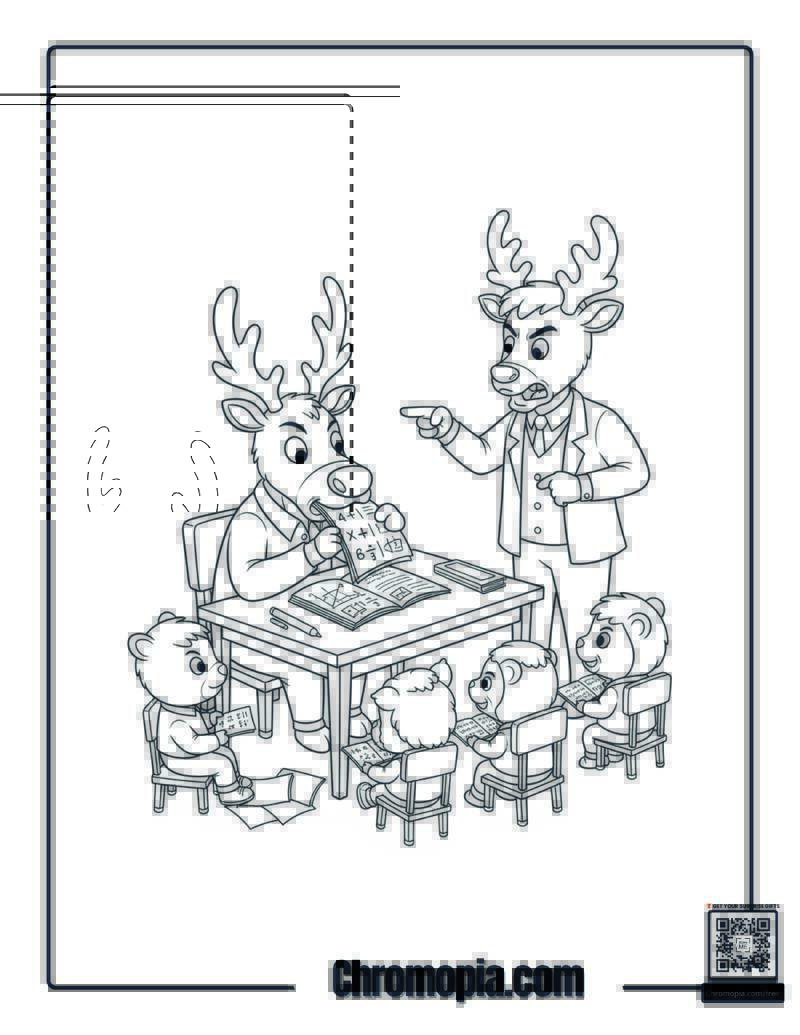 Reindeer Student Eating Homework Coloring Page