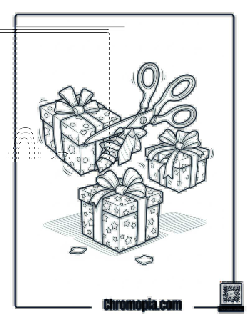 School Scissors Cutting Christmas Wrapping Paper Coloring Sheet