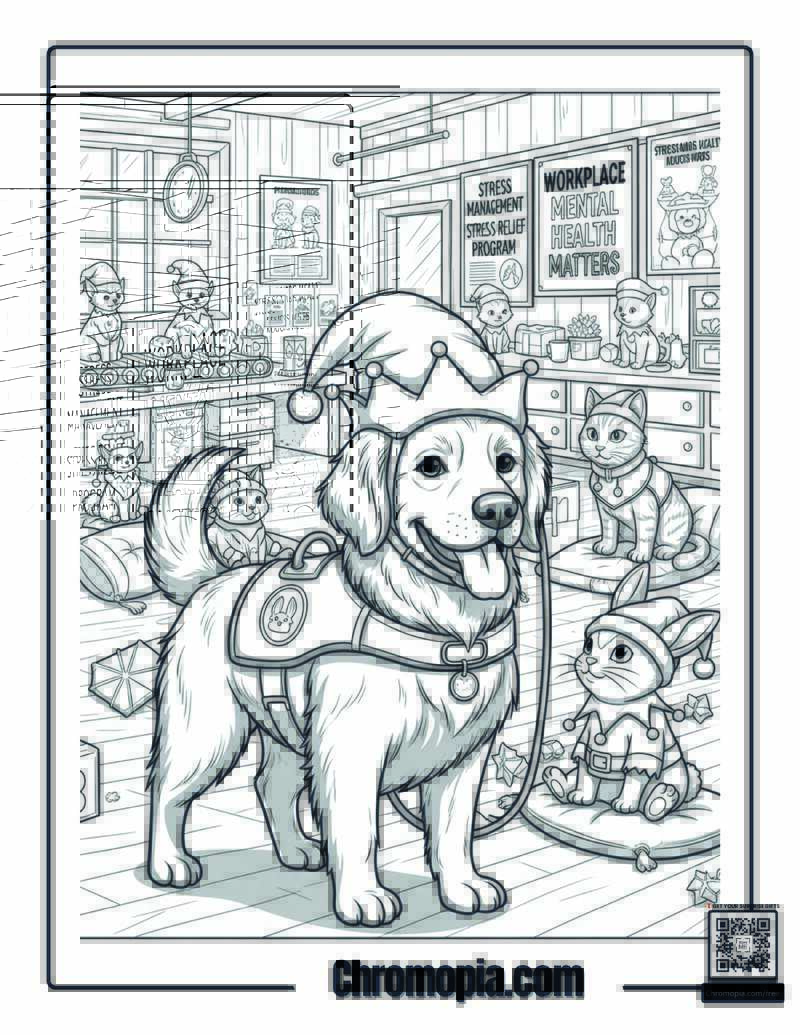 Elf Therapy Dog Workshop Stress Relief Program Coloring Sheet