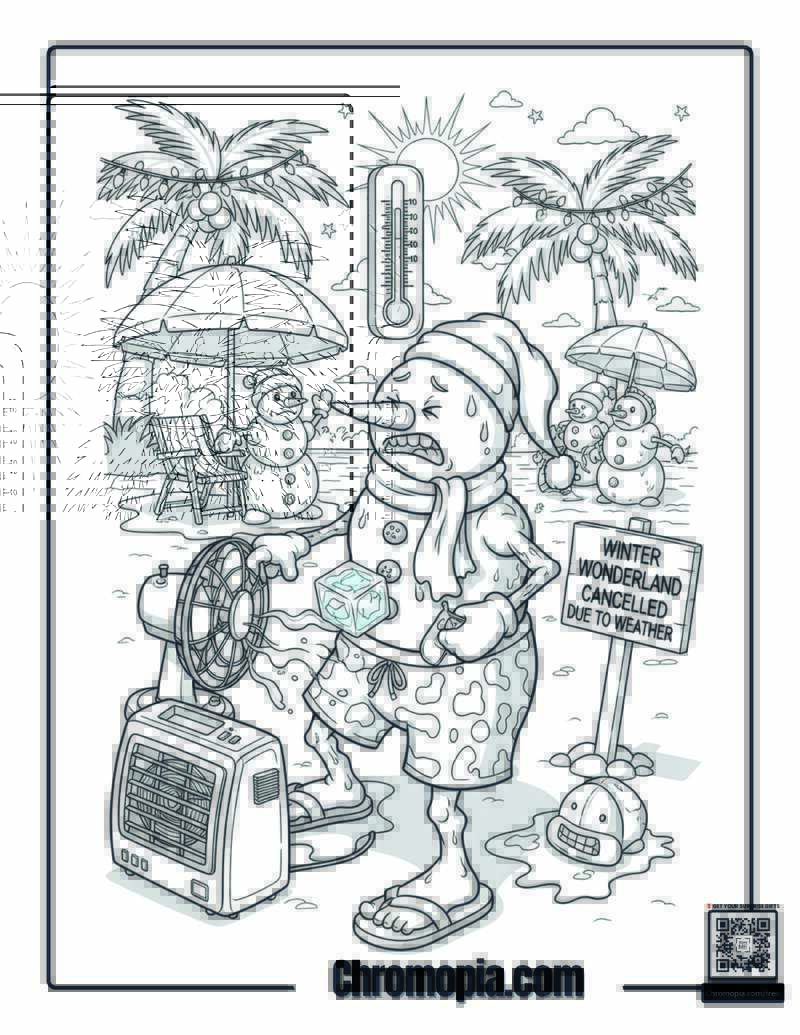 Global Warming Christmas Snowman Survival Adaptation Coloring Page