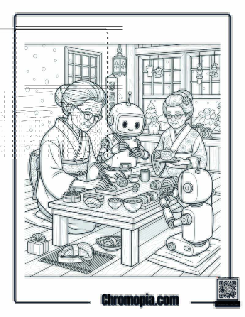 Japanese Grandmother_s Christmas Sushi Workshop Scene Coloring Page