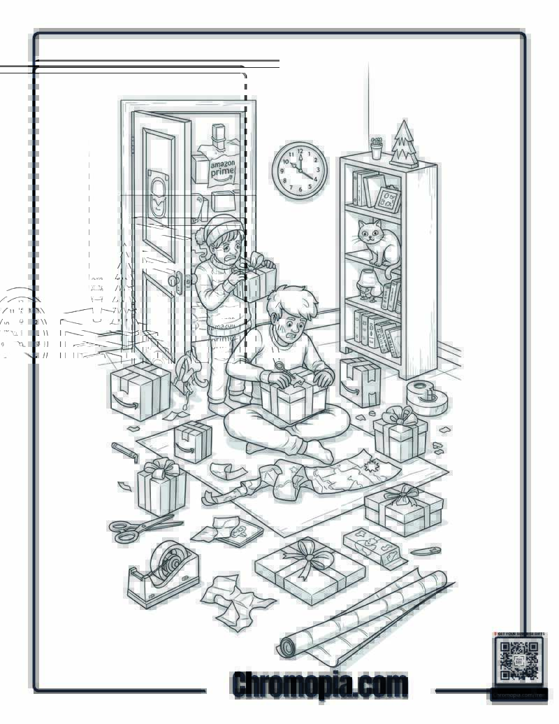 Last-Minute Christmas Panic Shopping Disaster Scene Coloring Page