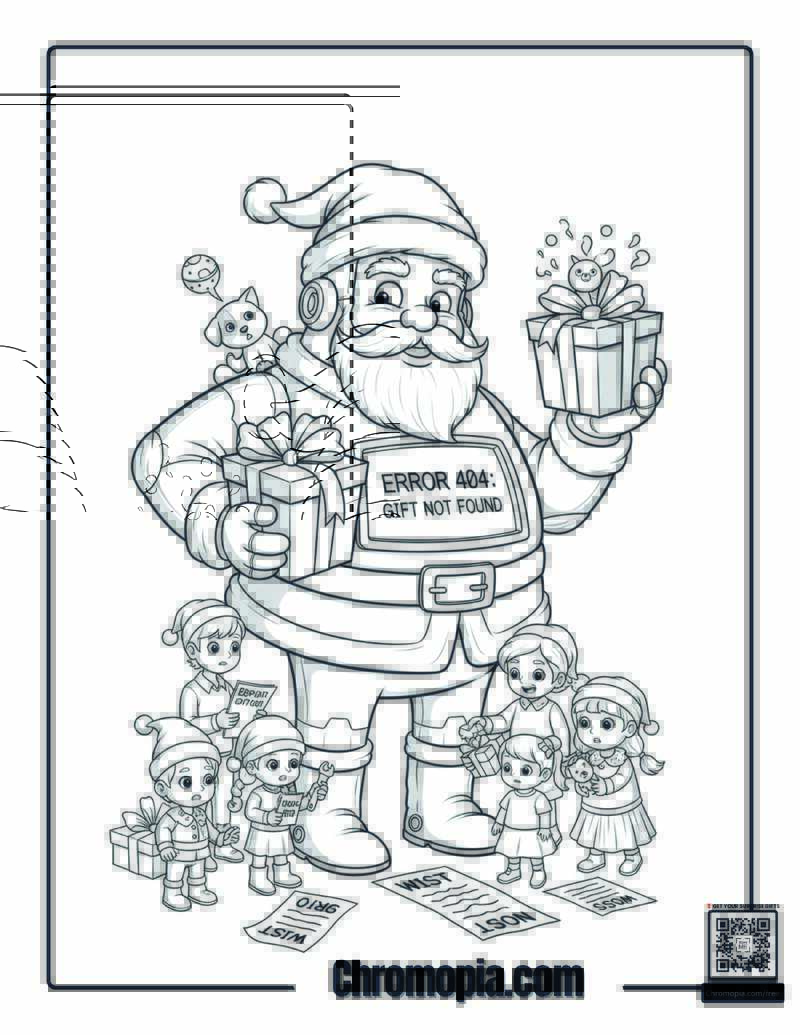Malfunctioning AI Robot Santa Gift Distribution Error Coloring Sheet