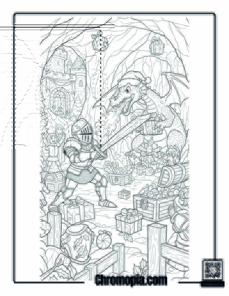 Medieval Knight_s Christmas Dragon Gift Heist Battle Coloring Sheet