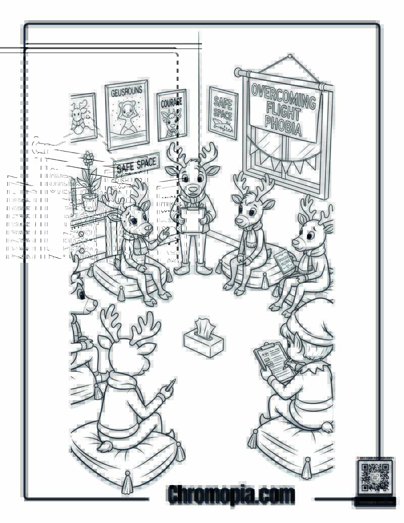 Reindeer Flight Anxiety Support Group Therapy Session Coloring Page