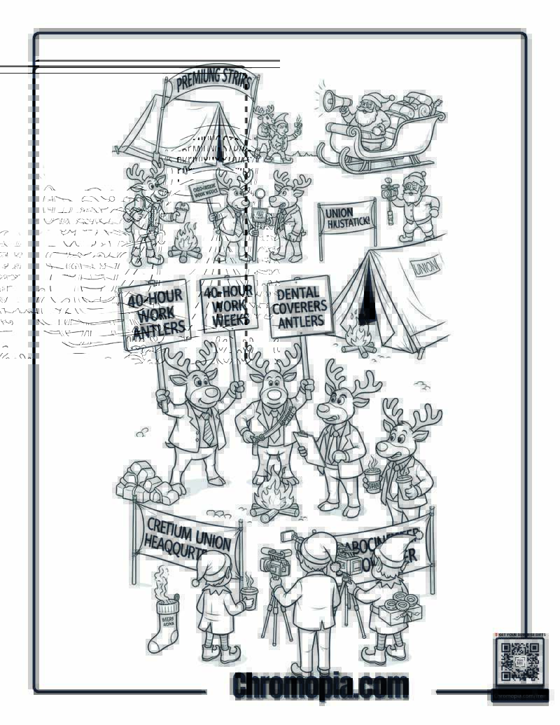 Reindeer Labor Union Strike Headquarters Scene Coloring Sheet