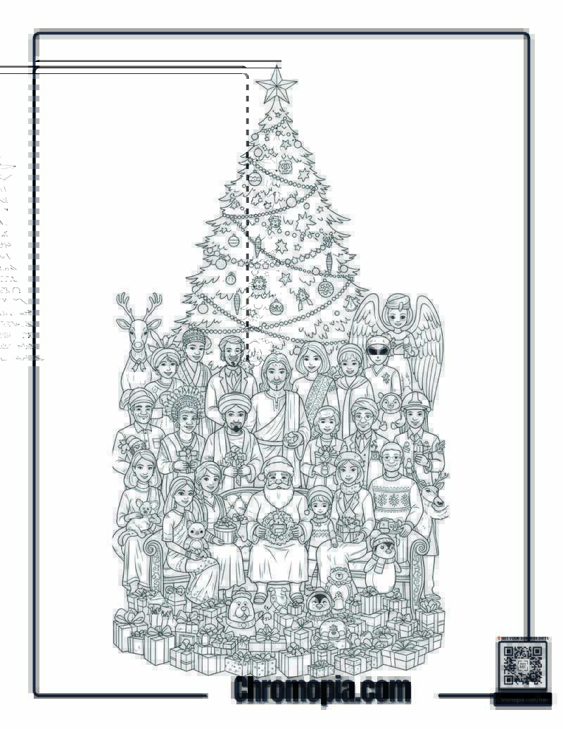 Universal Christmas Celebration Grand Family Portrait Coloring Sheet