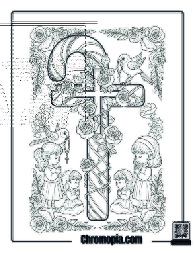 Cross & Roses Candy Cane Coloring Page