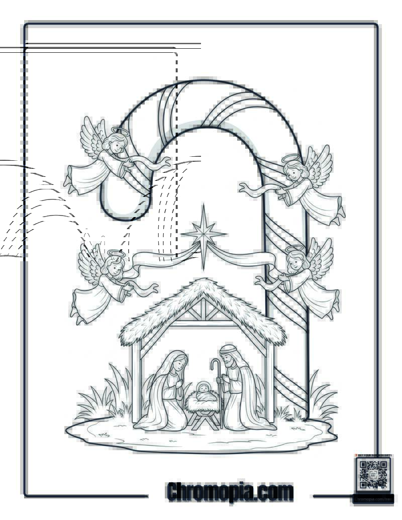 Nativity Candy Cane Coloring Page
