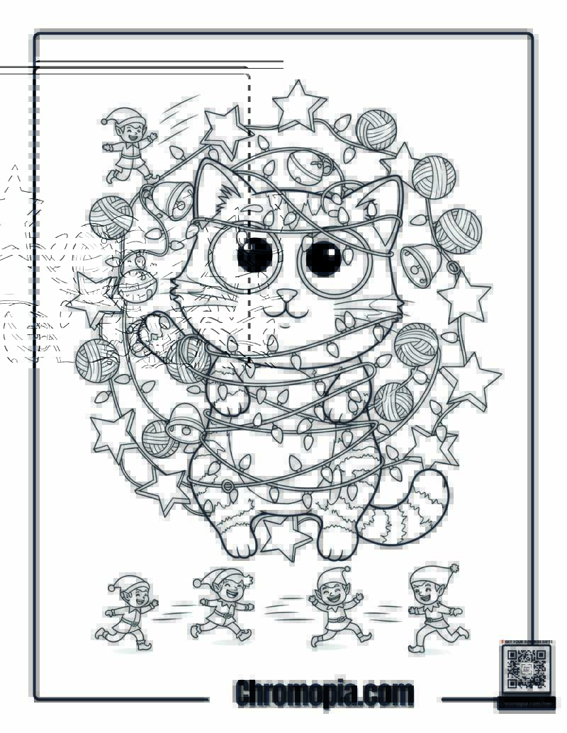 Cat Tangled Lights Mandala Coloring Page