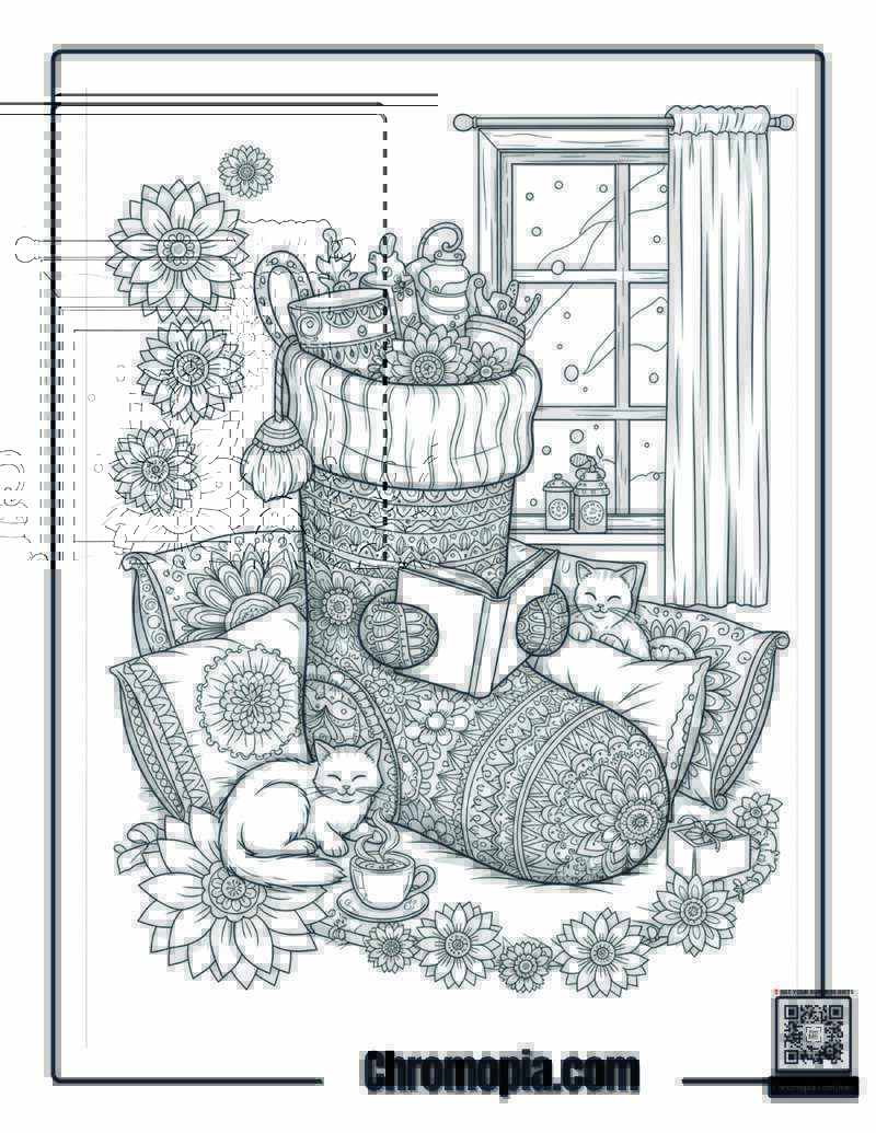 Cozy Reading Stocking Mandala Coloring Page