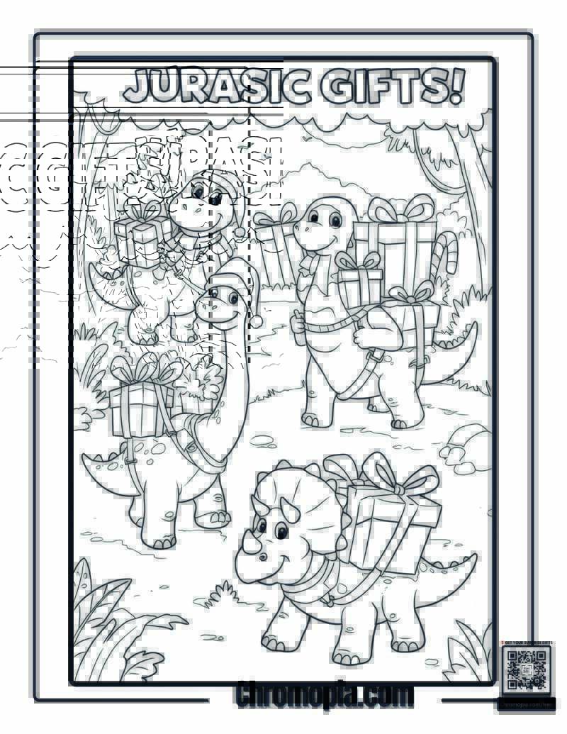 Dino Delivery – Dinosaurs carrying Christmas presents on their backs coloring page