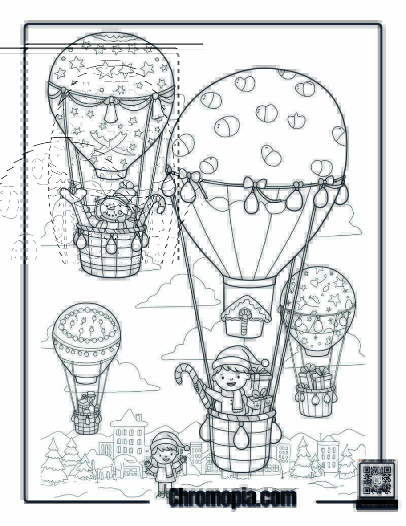 Gift Balloon Parade – Flying hot-air balloons carrying Christmas presents coloring sheet
