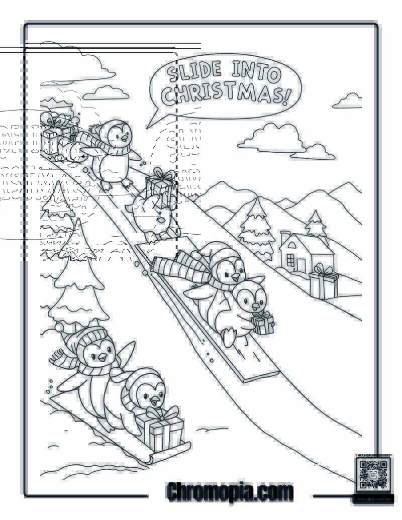 Penguin Postal – Penguins sliding down hills delivering Christmas presents coloring sheet
