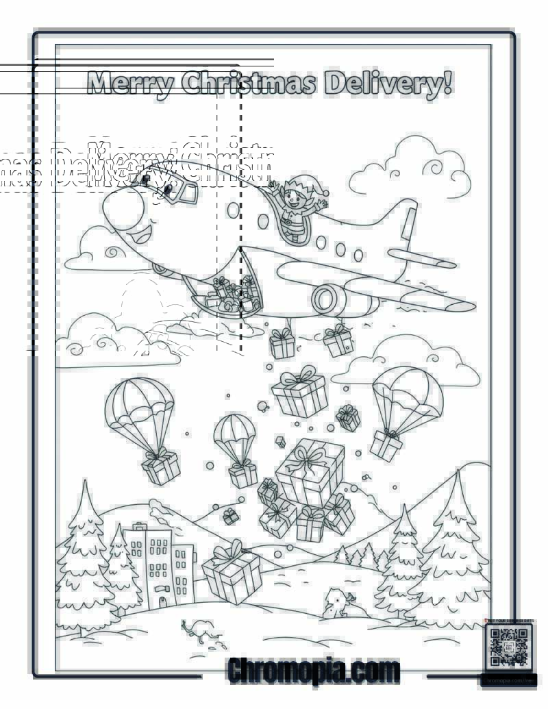Sky Drop Delivery – Airplane dropping Christmas presents from clouds coloring page