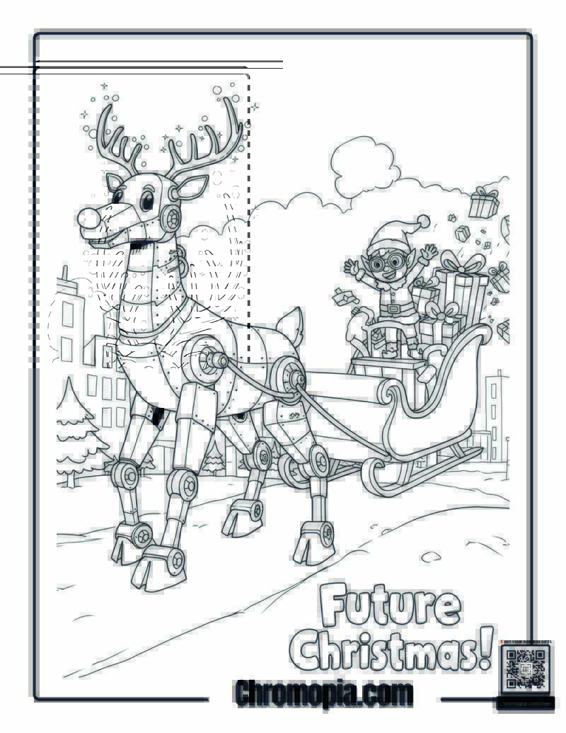 Sleigh-Bot Express – Robot reindeer delivering gifts coloring page
