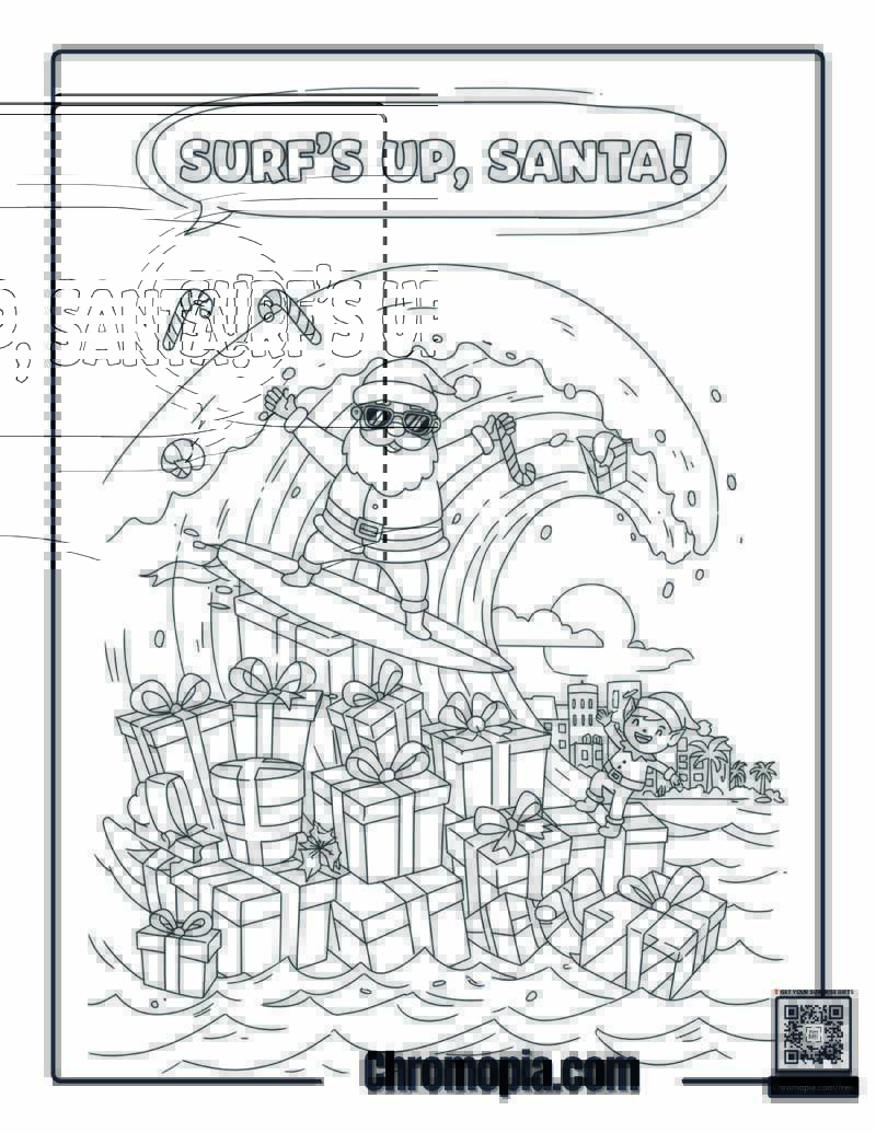 Surfing Santa – Santa riding a wave of gift boxes coloring sheet