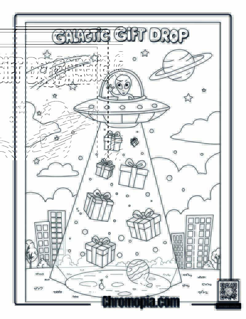 UFO Delivery – Aliens beaming down Christmas presents coloring page