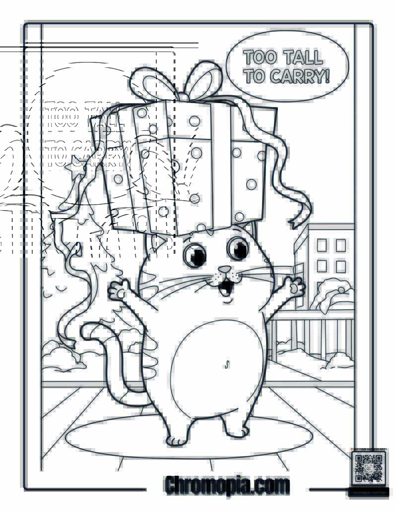 Cat Stack – Funny cat with gift box on head coloring page