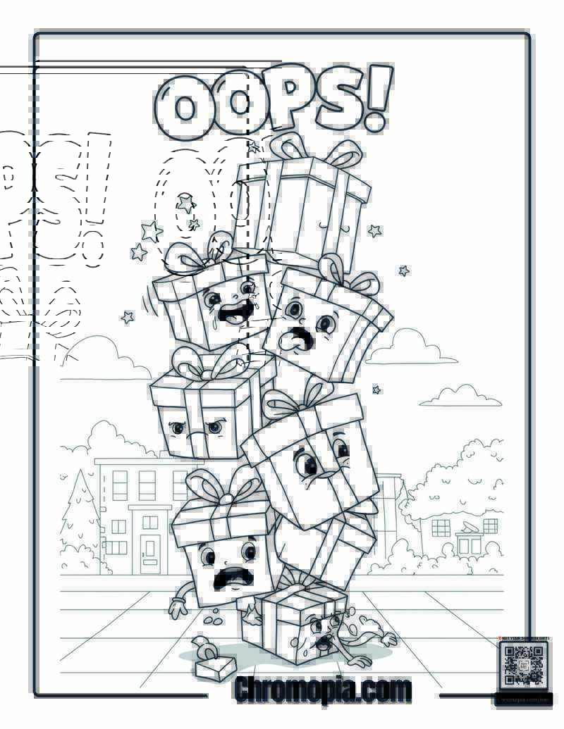 Clumsy Stack – Tower of falling presents with faces coloring page