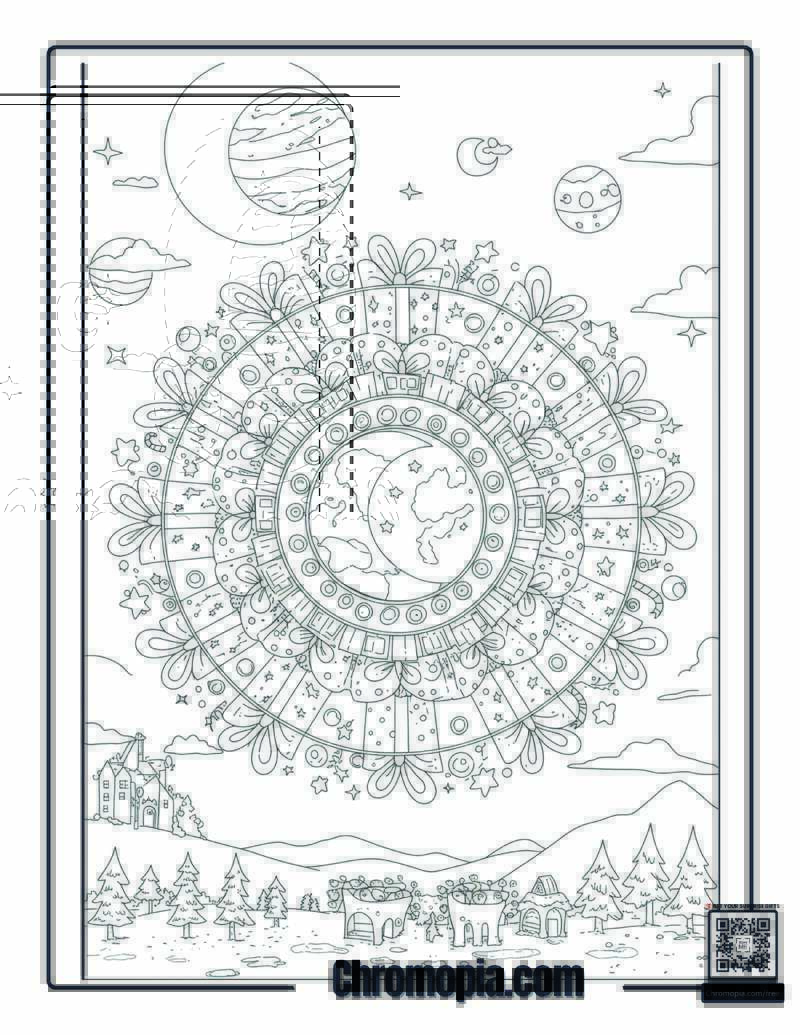 Galaxy Wrap – Space-themed Christmas gift mandala coloring sheet