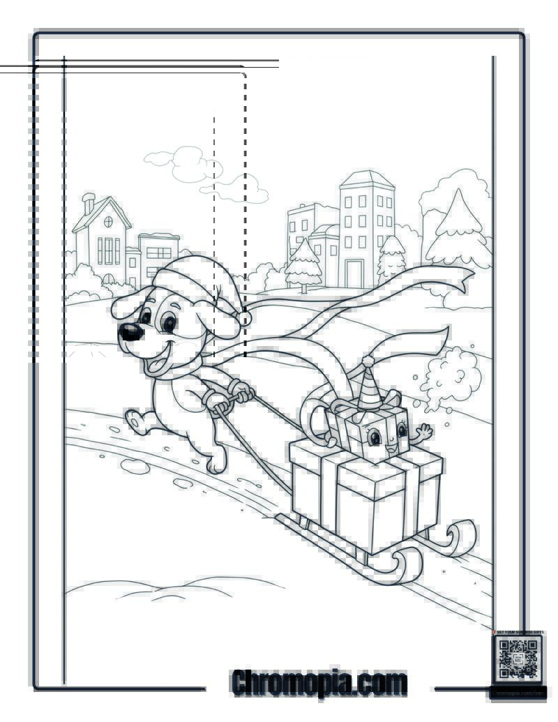 Pup Express – Dog dragging Christmas gift vehicle coloring page