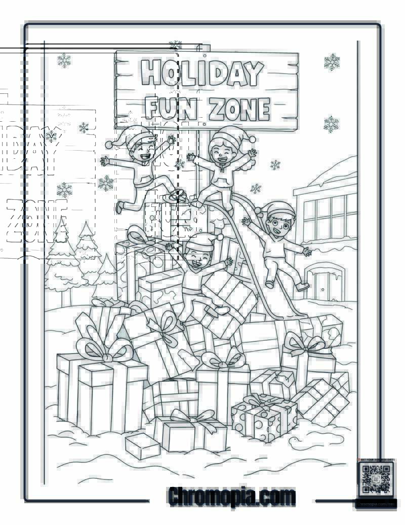 Snow Heap – Kids jumping on mountain of Christmas gifts coloring sheet